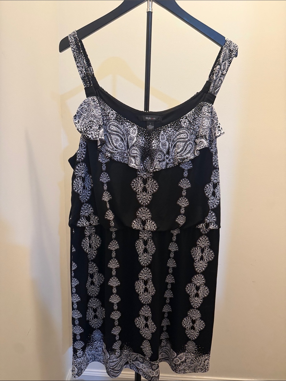 Style & Co. Black and White Paisley Ruffle Tank Dress